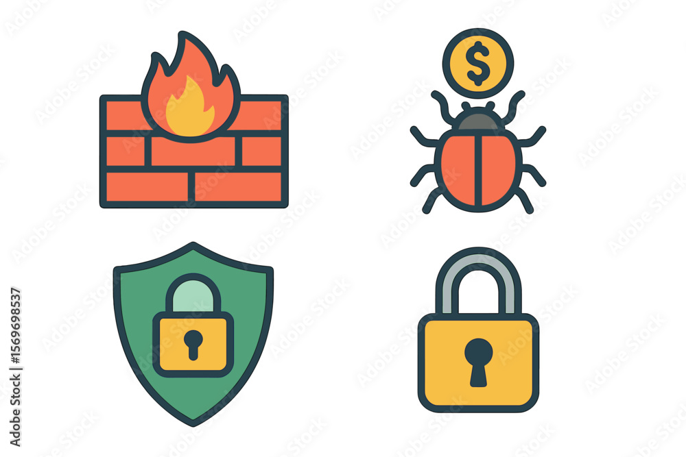 Poster Icons representing cybersecurity concepts including firewalls, malware, and data protection in a digital context