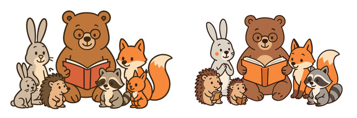 Obraz premium Adorable woodland creatures gathered around two bears reading books in a cozy setting during a sunny afternoon