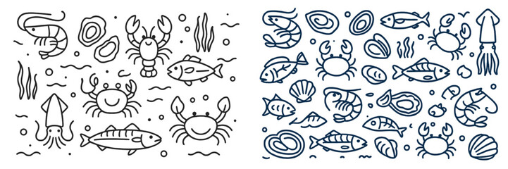 Obraz premium Underwater sketch showcasing various sea creatures like crabs, fish, and shellfish in an artistic style