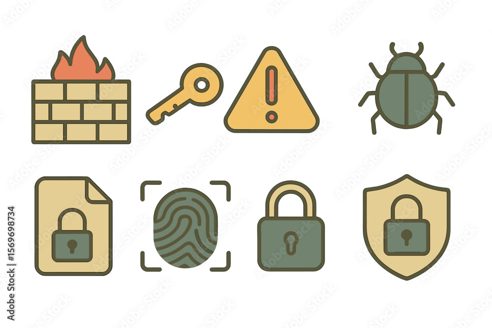 Poster Collection of cybersecurity icons representing various aspects of digital protection and data security
