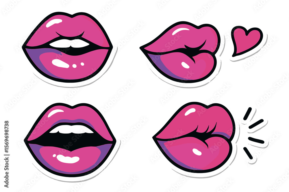 Aufkleber colorful cartoon lips in various poses and expressions on a white background for creative design ele