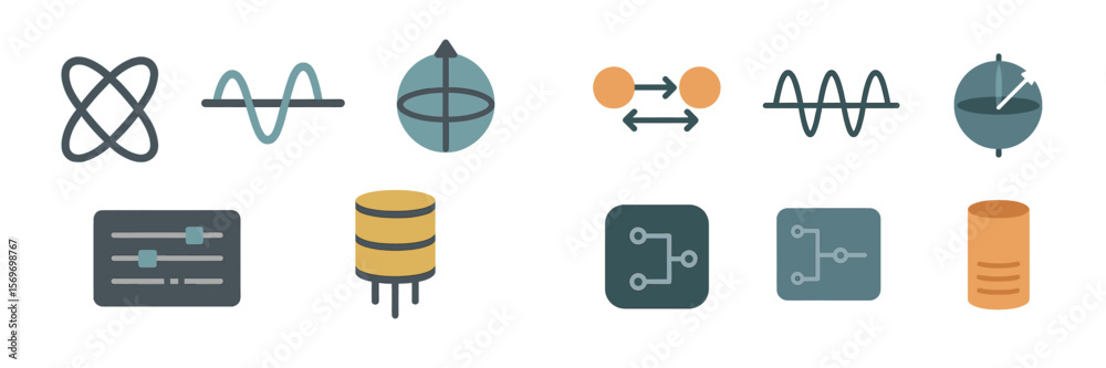 Poster Collection of abstract icons representing science, technology, and data visualization in a modern and minimalist style