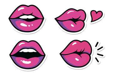 Colorful cartoon lips in various poses and expressions on a white background for creative design elements