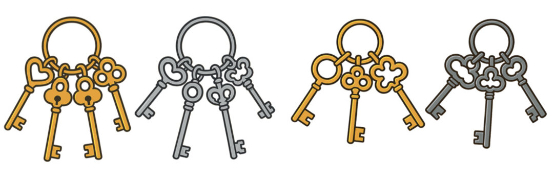 Collection of decorative keys displayed on a ring showcasing various shapes and colors in a minimalistic design