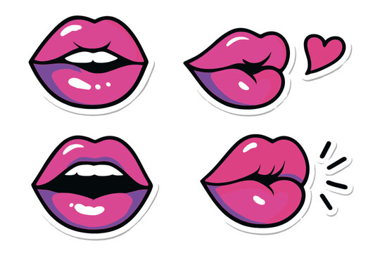 Colorful cartoon lips in various poses and expressions on a white background for creative design elements