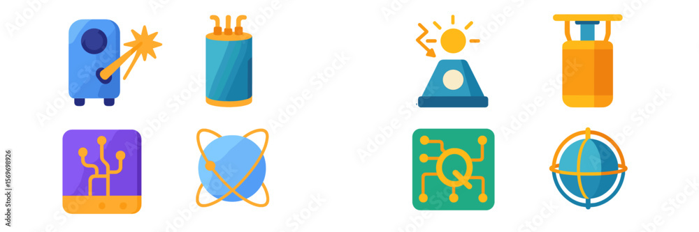 Poster Colorful icons representing various scientific concepts and technologies displayed on a digital interface
