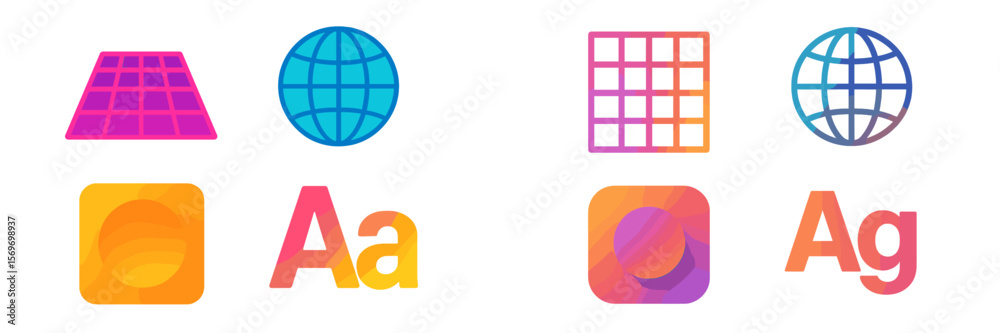 Poster bright and colorful icons showcasing various shapes and styles for modern graphic design