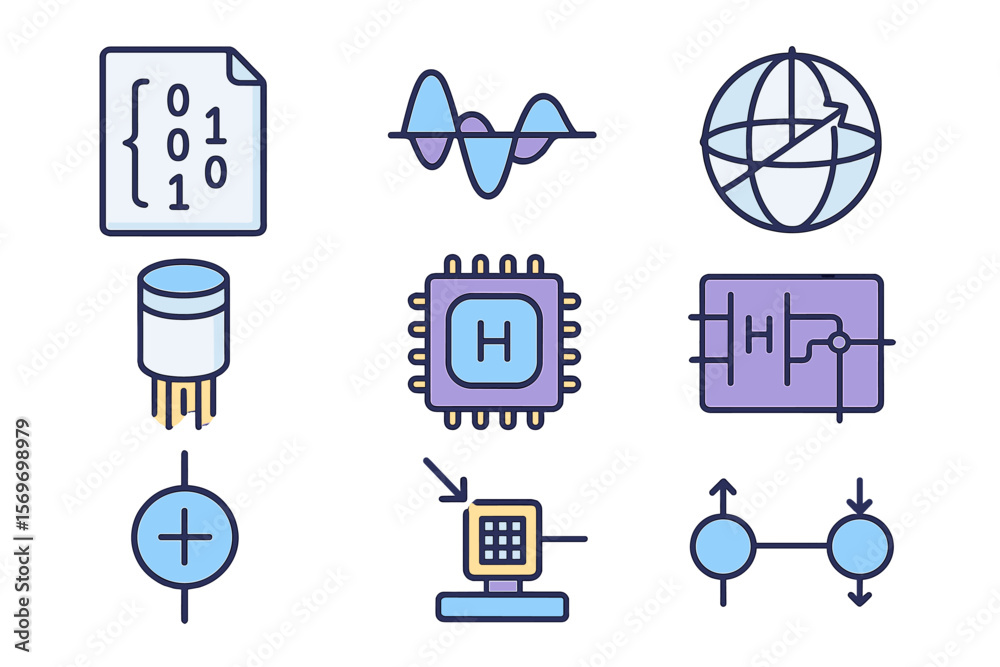 Poster conceptual illustrations of technology and electronics components with binary code, signals, and glo