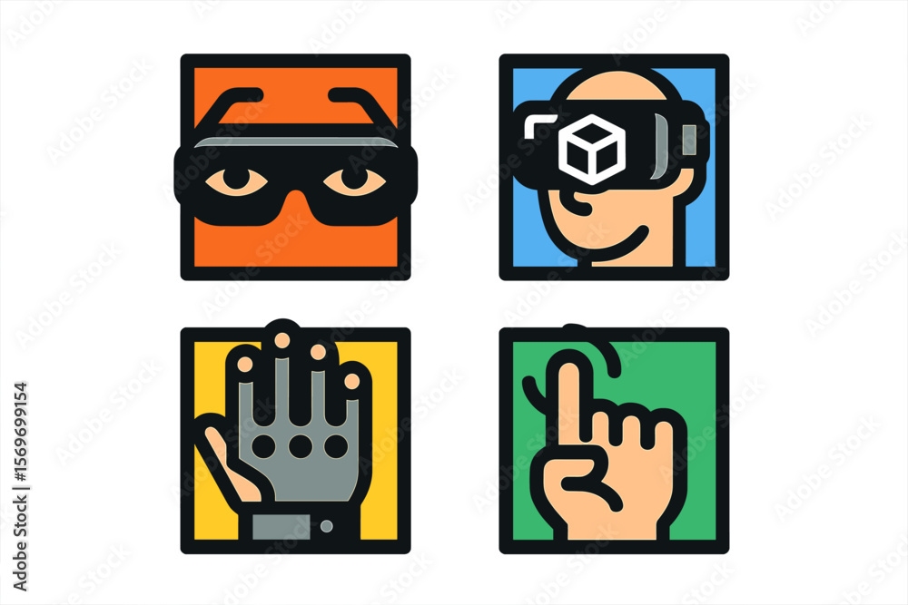 Poster innovative symbols representing virtual reality technology and its interaction methods through vario