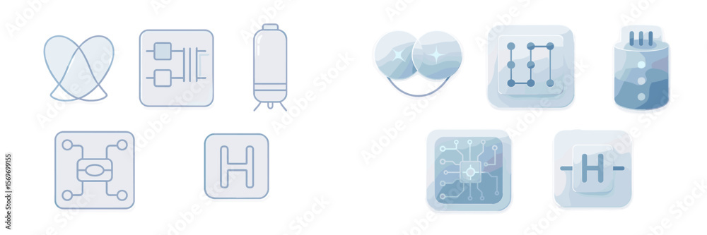 Poster collection of futuristic and abstract icons representing technology, design, and connectivity