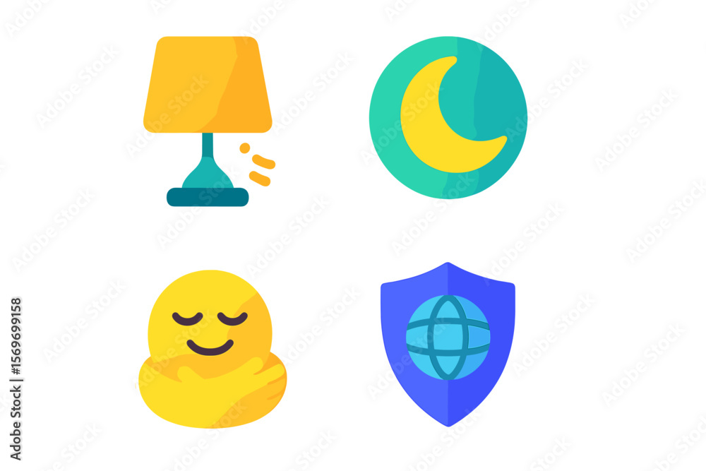 Poster colorful icons representing sleep, relaxation, and security for digital use in modern design project