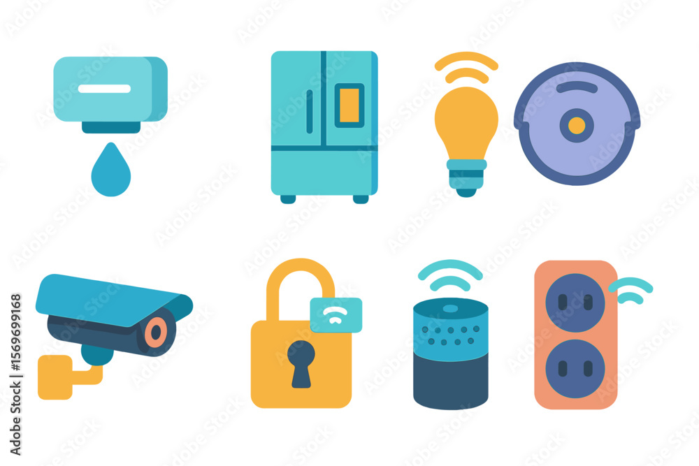 Poster smart home technology icons representing modern devices for convenience and security
