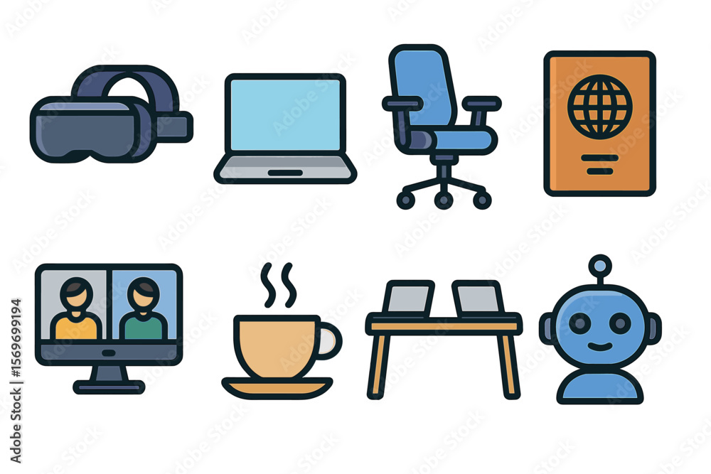 Poster Technology icons representing remote work and virtual meetings in a modern workspace setting