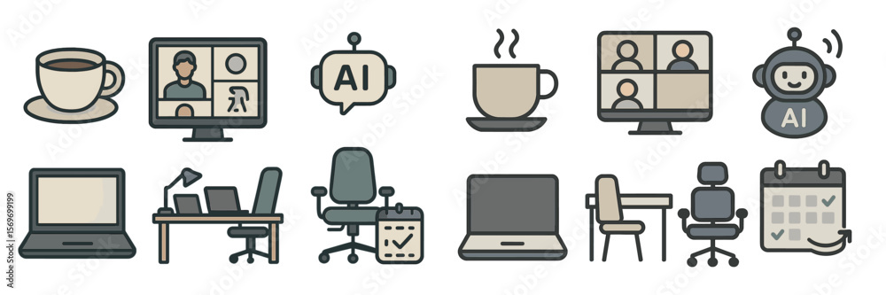 Poster digital workspace with ai tools and coffee, featuring laptop and video conference setup in a modern 