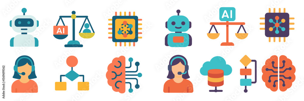 Poster Exploring the intersection of artificial intelligence and technology through various icons and symbols