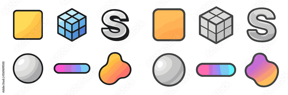 Poster Colorful geometric shapes and symbols displayed on a plain background for design inspiration