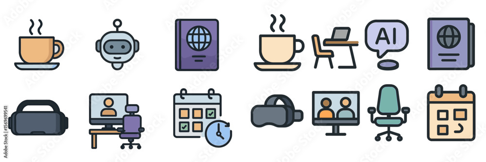 Poster digital workspace with virtual tools and coffee emphasizing remote work productivity