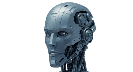 A close-up, detailed view of a metallic robot head, isolated on white.