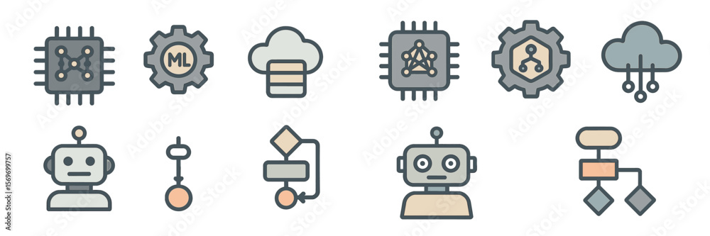 Poster Collection of machine learning and artificial intelligence icons used in technology applications