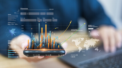 Market trend analysis uses bar graph and stock chart to evaluate business finance, profit growth, and trading performance for strategic planning by businessman