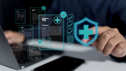 Professional health care doctor uses checklist for patient exam, clinic document, hospital report, answer review, and medical check accuracy