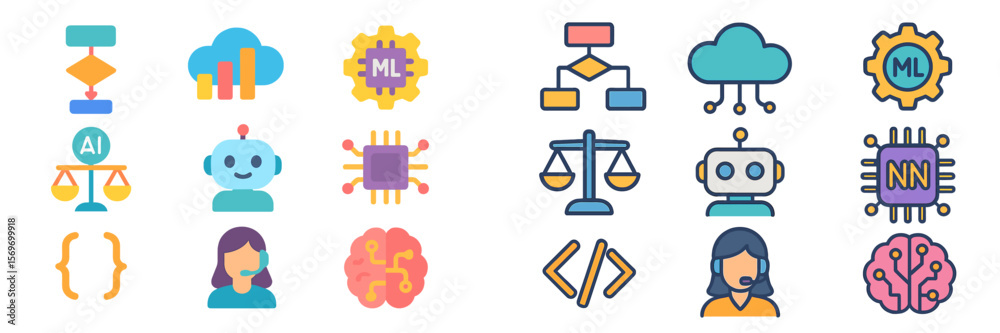 Poster Conceptual illustrations of artificial intelligence, machine learning, and data science tools in a digital workspace environment