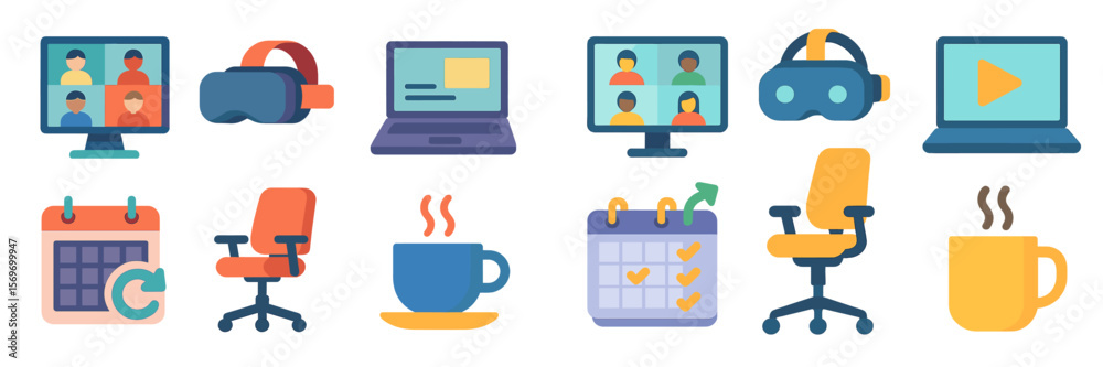 Poster Virtual meeting tools for remote work collaboration featuring various technologies and elements in a modern office setup
