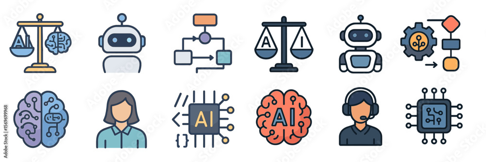 Poster Exploring the concepts of artificial intelligence through various symbolic representations and icons showcasing technology and human interaction