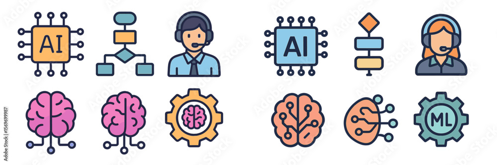 Poster Illustrations of artificial intelligence concepts in a modern and engaging style showcasing interactions with technology