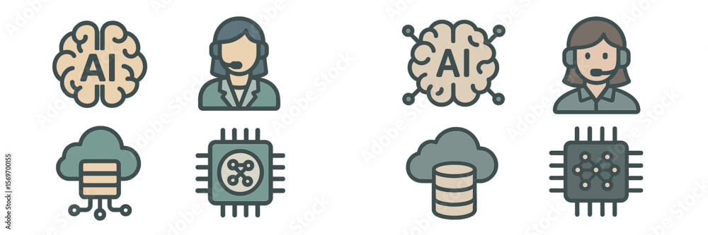 Poster Exploring artificial intelligence concepts and technology through various symbols and icons representing innovation and support