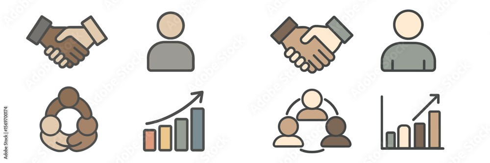 Poster Collaboration and growth concepts represented through illustrations of handshakes, teamwork, and progress metrics in a modern design