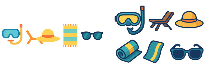 Colorful beach accessories including snorkel gear and sunglasses ready for a fun day at the ocean in summer