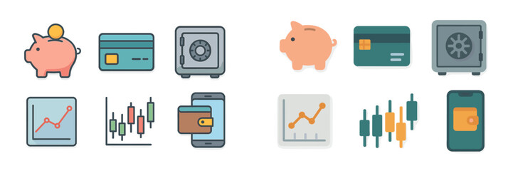 Financial icons representing saving, investing, and digital transactions in a modern design