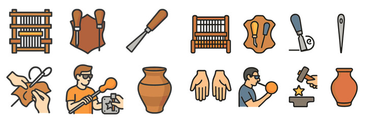 Various tools and crafts seen in traditional artisan workshops highlighting craftsmanship from leather to pottery