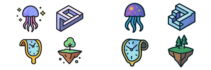 Fototapeta premium Colorful illustrations of surreal objects and nature combining elements of geometry, time, and marine life in a whimsical style