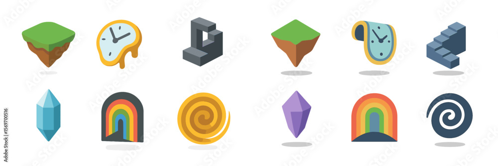 Poster Creative graphic design elements showcasing clocks, crystals, and abstract shapes in a minimalistic style