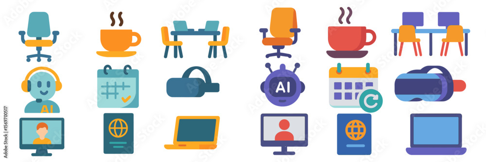 Poster colorful icons showcasing remote work tools and technologies for productivity in modern workplaces