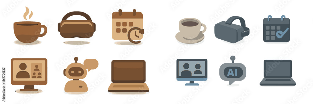 Poster Digital tools and technology icons illustrating virtual meetings and planning with coffee and gadgets in a modern setup