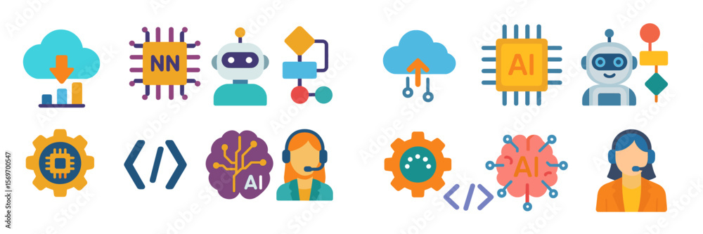 Poster Colorful icons representing artificial intelligence and machine learning concepts, featuring bots, cloud computing, and data processing activities