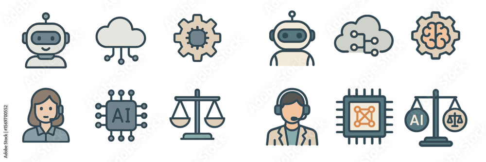 Poster Icons of artificial intelligence representing robotics, data analysis, and ethical considerations in technology development and application