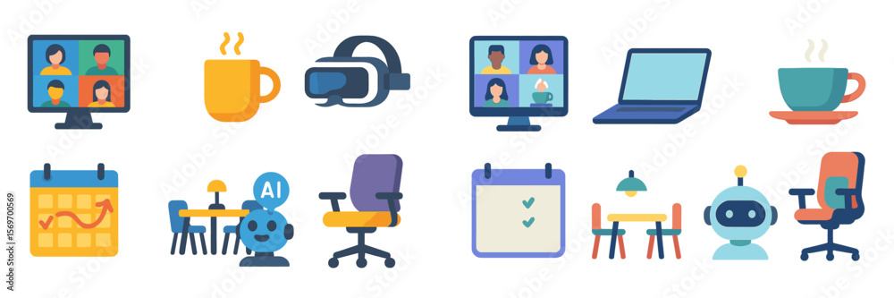 Poster various digital tools and items used for online collaboration and modern workspace arrangements