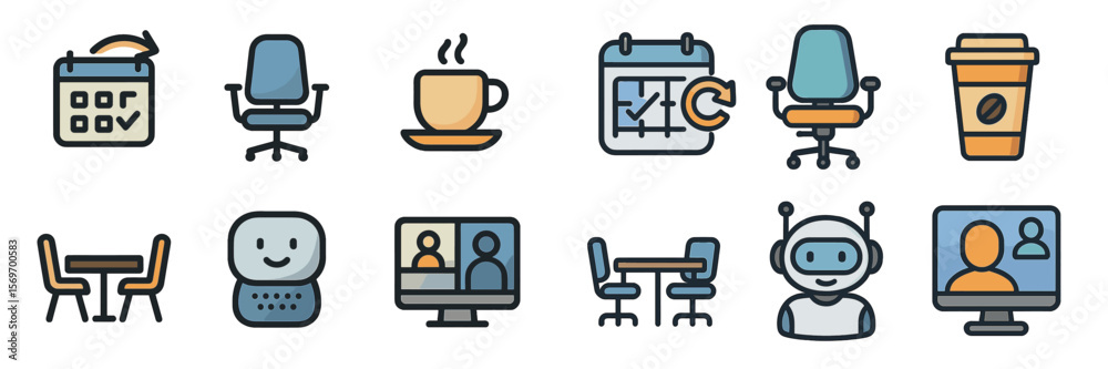 Poster colorful icons representing remote work tools and activities in a modern office setting, illustratin