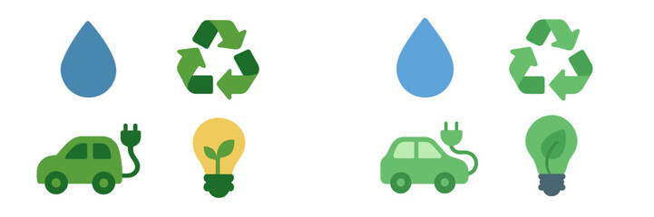 Obraz premium Symbols representing eco-friendly practices like water conservation, recycling, and electric vehicles in a modern design