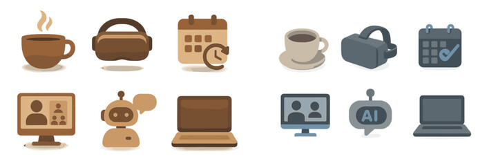 Digital tools and technology icons illustrating virtual meetings and planning with coffee and gadgets in a modern setup