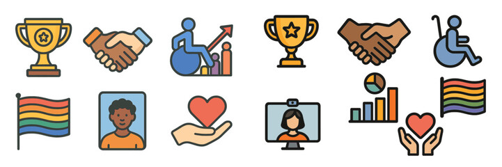 Diverse icons representing teamwork, inclusivity, and support during a community engagement event at a local center