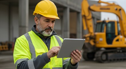 Mature man, a construction worker, checking digital plans on a tablet at a building site. Engineer using technology for project management.
