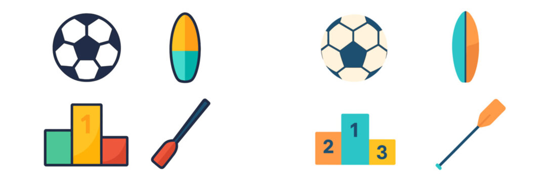 Sports icons representing soccer, surfing, and rowing in a flat design for various activities and competitions