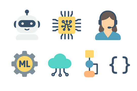 Creative representation of artificial intelligence concepts featuring a robot, microchip, and support staff engaged in tech discussions - Powered by Adobe
