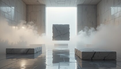 Mysterious cracked cube levitates in foggy marble hallway