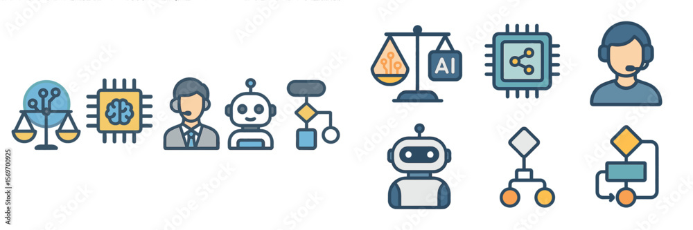Poster Explore the impact of artificial intelligence on various sectors through illustrative icons representing technology and ethics